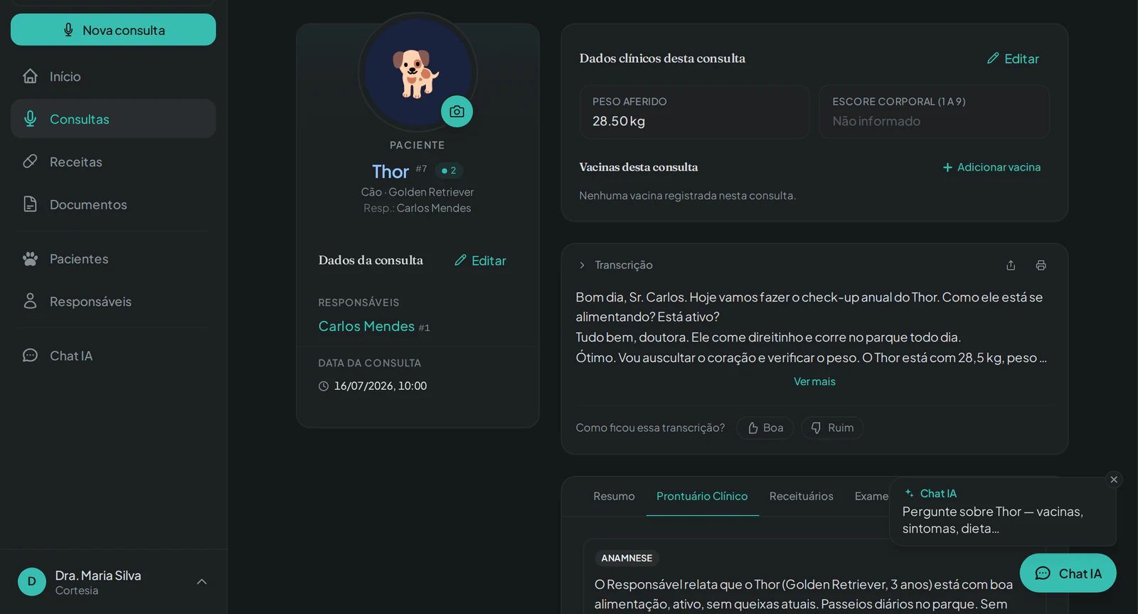 Prontuário gerado pela IA no AllEars.Vet no navegador desktop