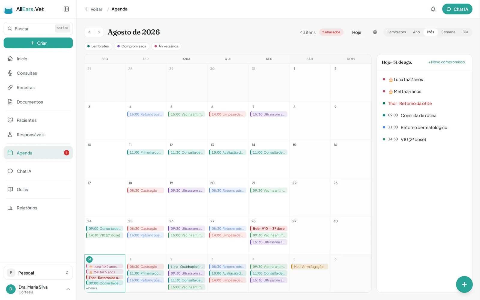 Agenda mensal do AllEars.Vet no navegador, com compromissos coloridos por categoria e o resumo do dia
