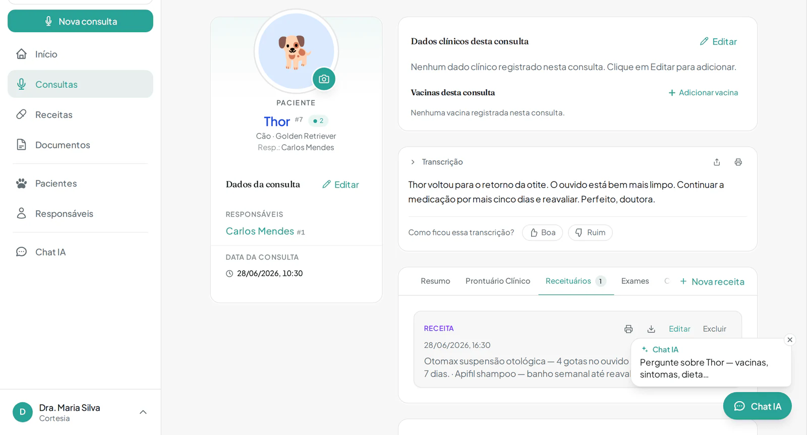 Receituário digital do AllEars.Vet no desktop com assinatura digital e QR code