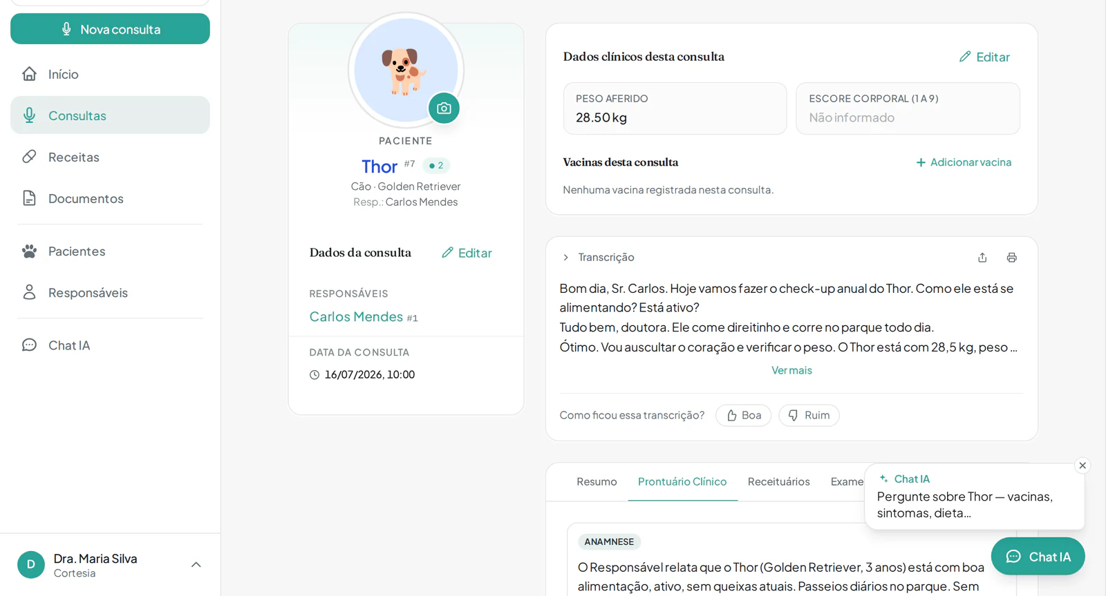 Prontuário gerado pela IA no AllEars.Vet no navegador desktop