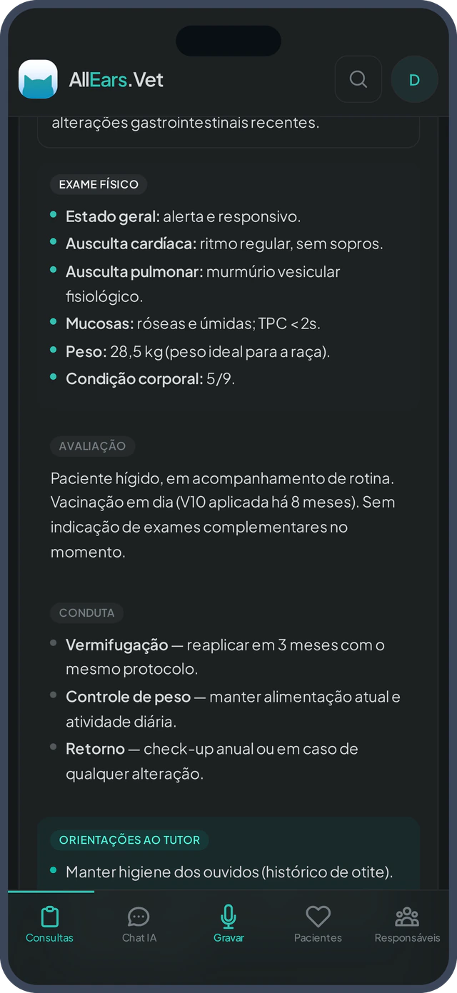 Prontuário gerado automaticamente pela IA após a consulta — anamnese, exame físico, hipótese e conduta organizados.