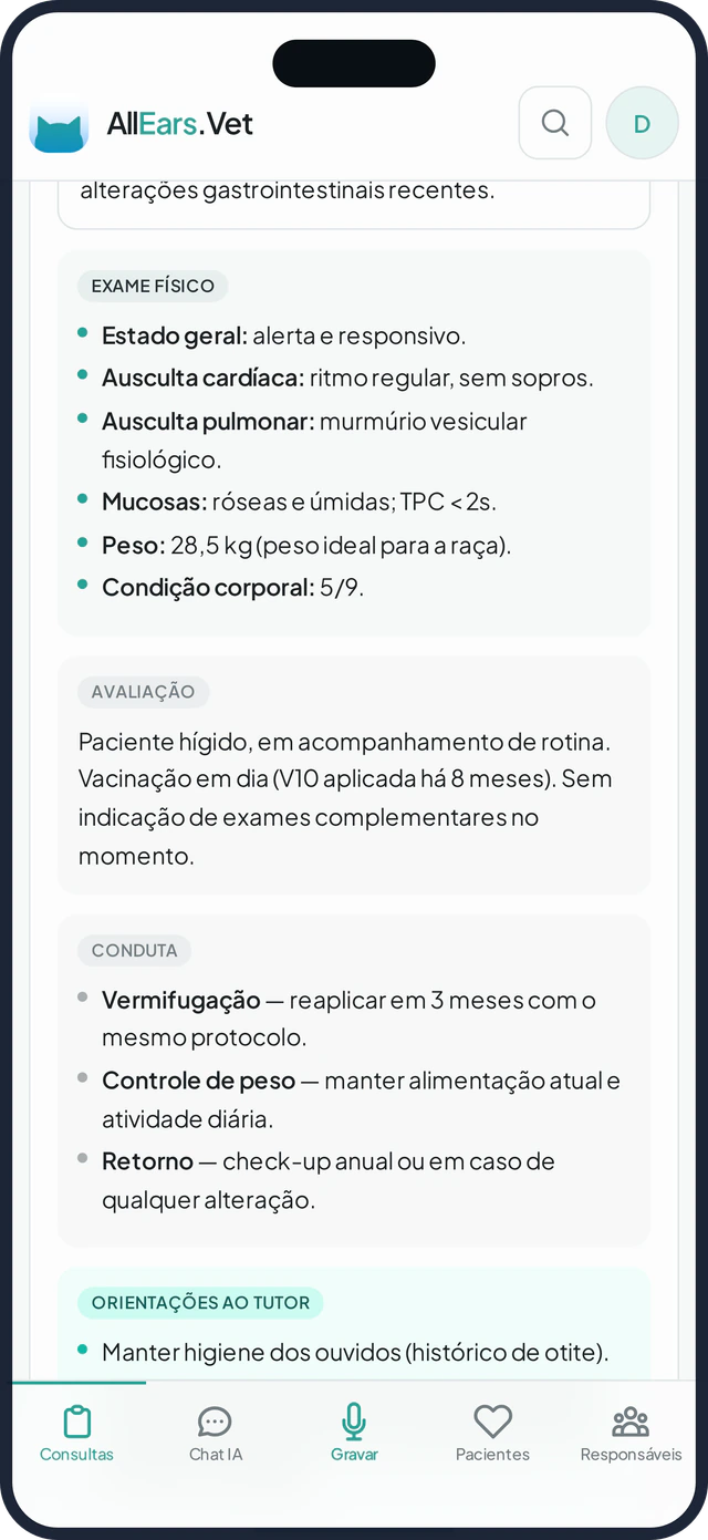 Prontuário gerado automaticamente pela IA após a consulta — anamnese, exame físico, hipótese e conduta organizados.